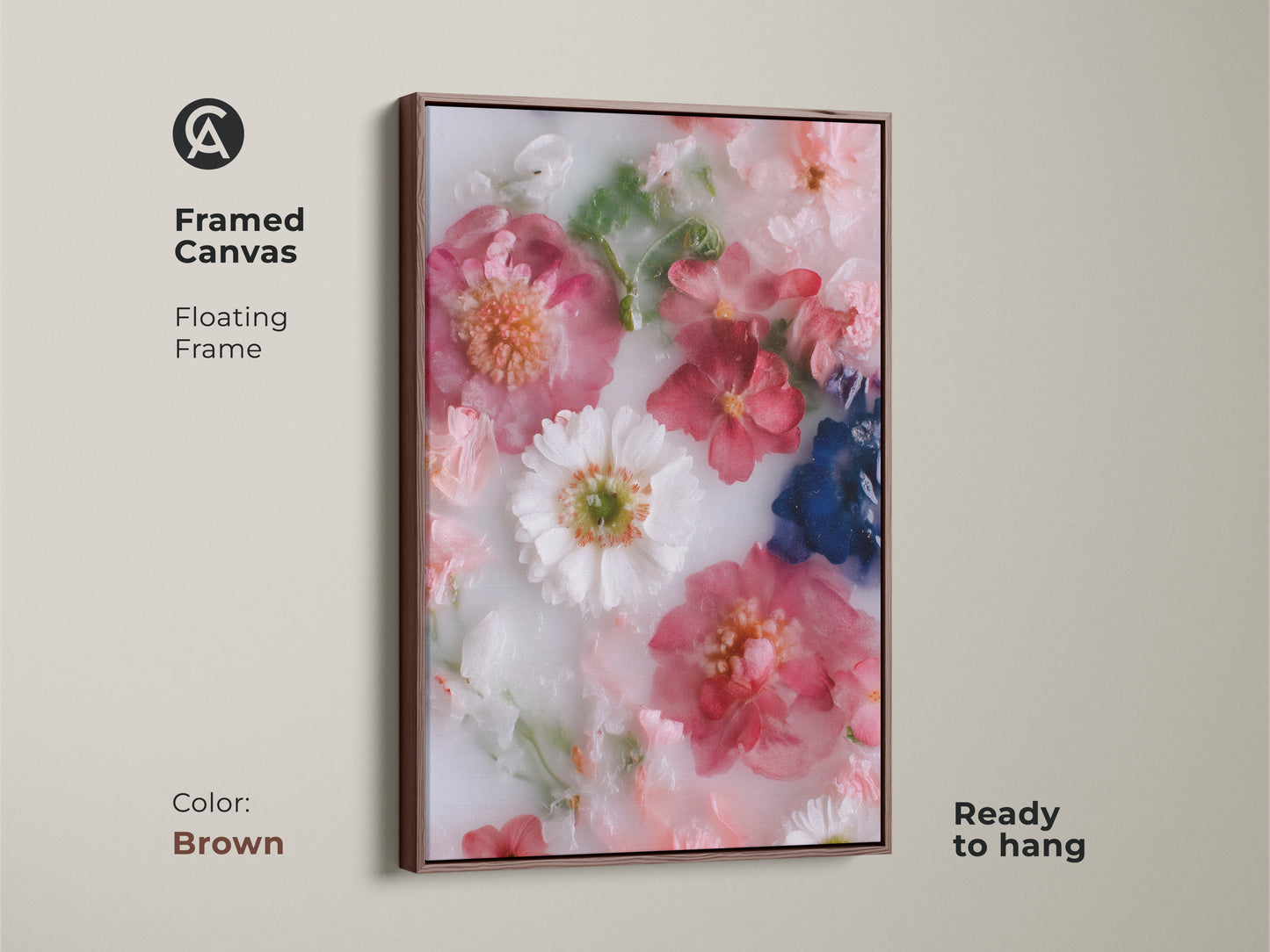 Framed canvas with a floating brown frame featuring modern botanical art. This pink flower art print enhances contemporary bedroom decor. Ready to hang minimalist floral artwork makes a thoughtful housewarming gift. The delicate floral arrangement adds a touch of nature to any living space.