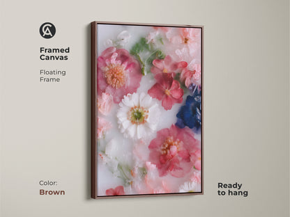 Framed canvas with a floating brown frame featuring modern botanical art. This pink flower art print enhances contemporary bedroom decor. Ready to hang minimalist floral artwork makes a thoughtful housewarming gift. The delicate floral arrangement adds a touch of nature to any living space.