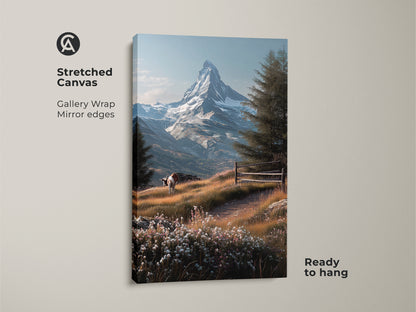 Stretched canvas print of Matterhorn mountain landscape art. This gallery wrapped canvas features mirror edges. The stunning Swiss Alps artwork is ready to hang. View a cow grazing in a wildflower meadow. The iconic Matterhorn is visible.