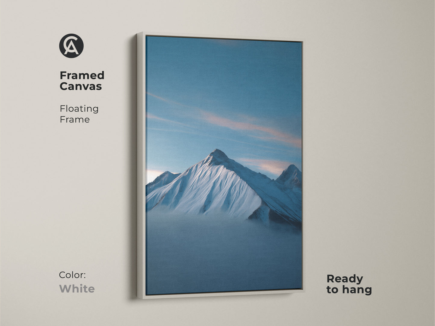 Framed canvas in white featuring a Snowy Mountain Landscape. The deep blue landscape print is a ready to hang minimalist nature artwork. Perfect modern decor for an office or bedroom.