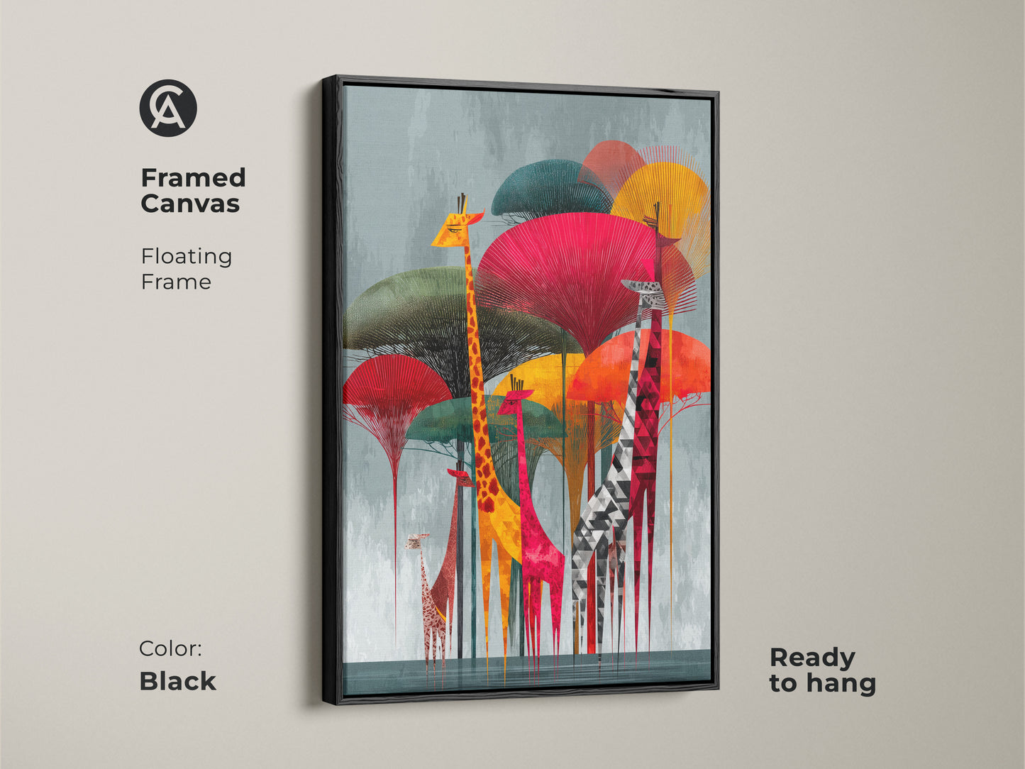 Framed canvas showcasing the Geometric Giraffe artwork with a floating black frame. This modern folk art decor is ready to hang. The abstract animal print brings a colorful safari to any room. A perfect addition to modern living room art. A unique animal wall decor.