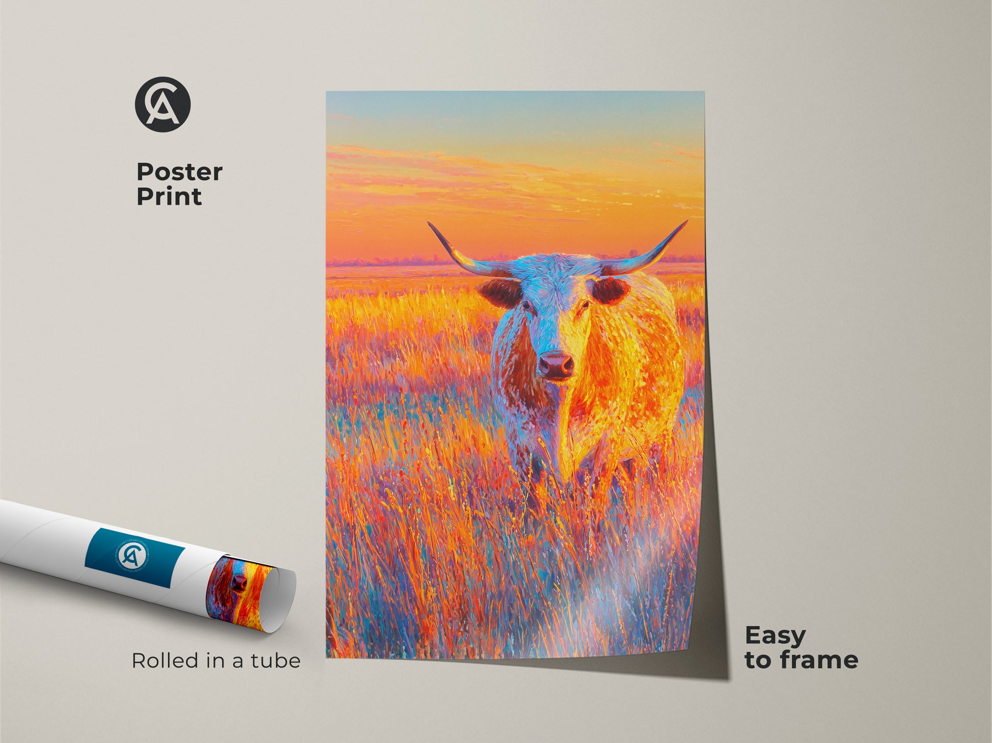 Museum-quality poster print of a longhorn painting. The print showcases a longhorn in a colorful field at sunset. The artwork is easy to frame. It is rolled in a tube for protection during shipping.