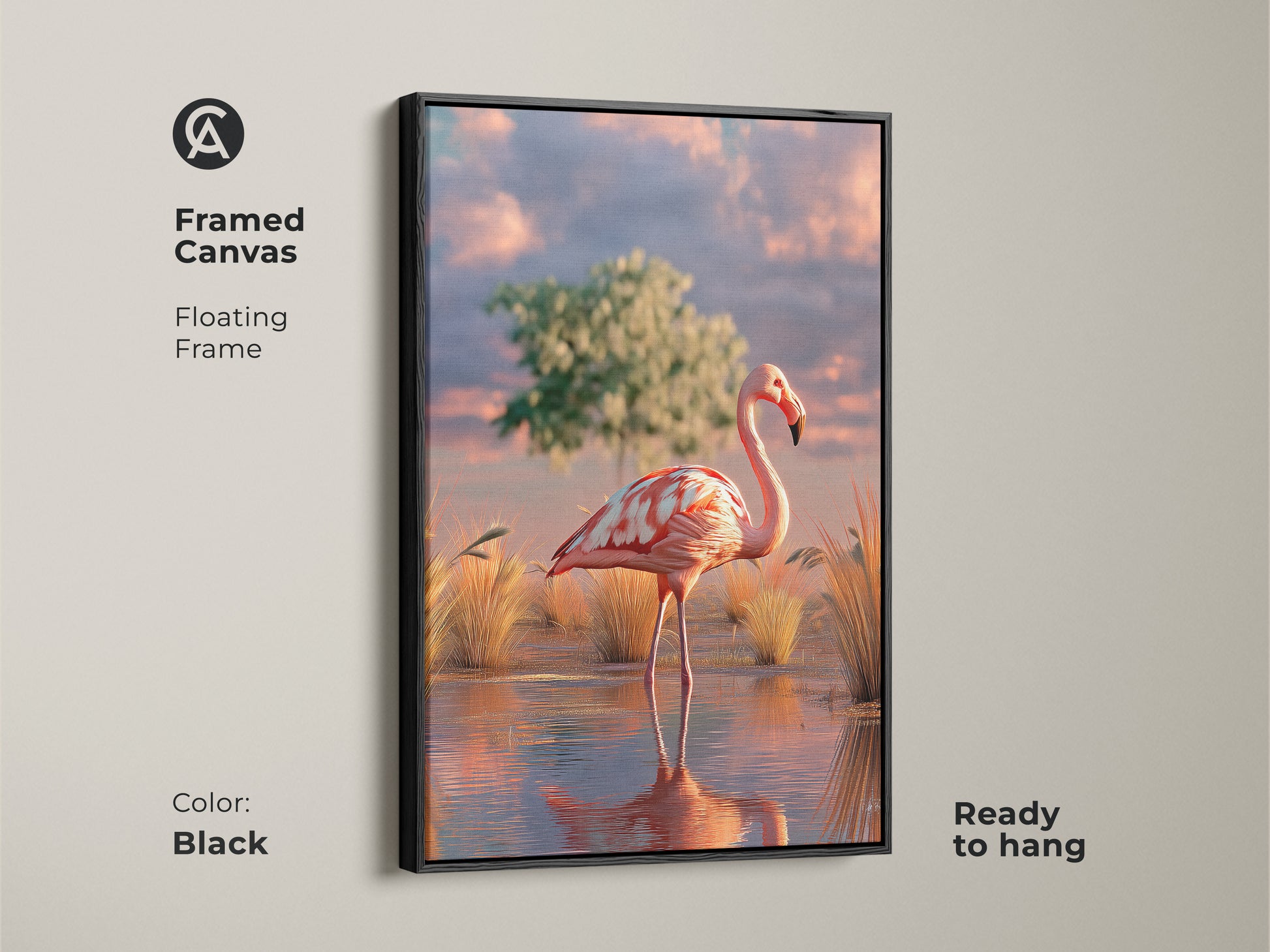 Framed canvas art of a photorealistic flamingo in a savanna landscape. Black floating frame enhances this pink teal and orange boho artwork. Ready to hang this bird lover gift brings nature to your living room. A unique animal print.