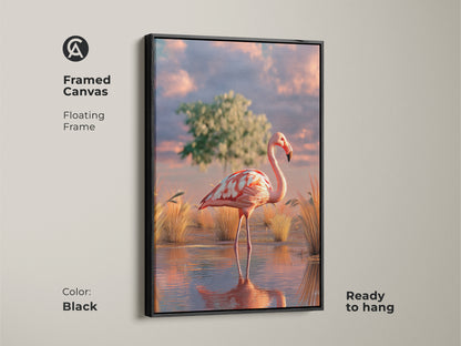 Framed canvas art of a photorealistic flamingo in a savanna landscape. Black floating frame enhances this pink teal and orange boho artwork. Ready to hang this bird lover gift brings nature to your living room. A unique animal print.