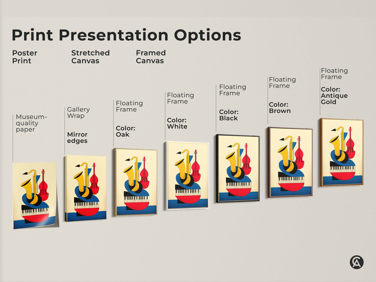 Explore print presentation options for this Bauhaus music art print. Choose from poster print stretched canvas or framed canvas. See the geometric abstract saxophone violin and piano artwork with options like gallery wrap and floating frames.
