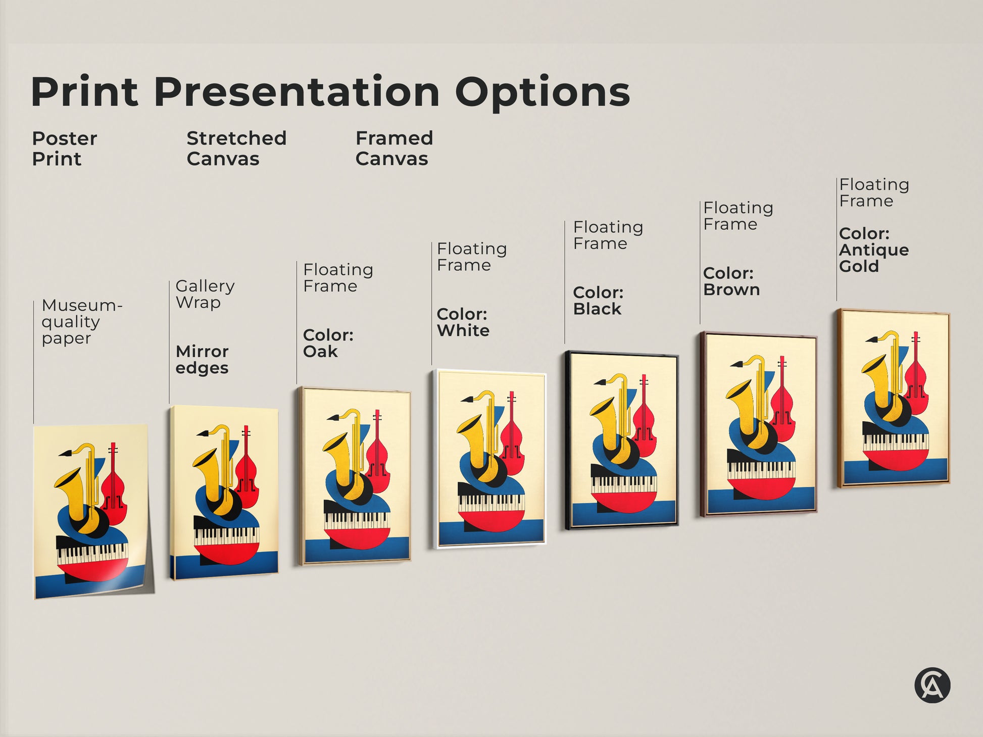 Explore print presentation options for this Bauhaus music art print. Choose from poster print stretched canvas or framed canvas. See the geometric abstract saxophone violin and piano artwork with options like gallery wrap and floating frames.