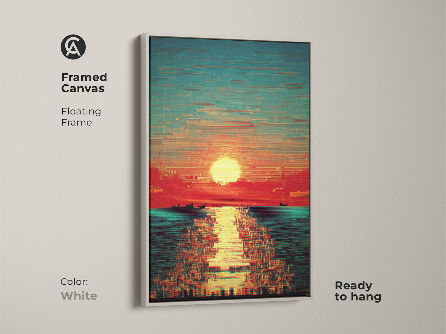 White framed canvas print of a glitch art sunset over the sea. Red orange and teal hues blend in this abstract boat artwork. Ready to hang this modern piece complements any interior. A perfect travel-inspired gift.