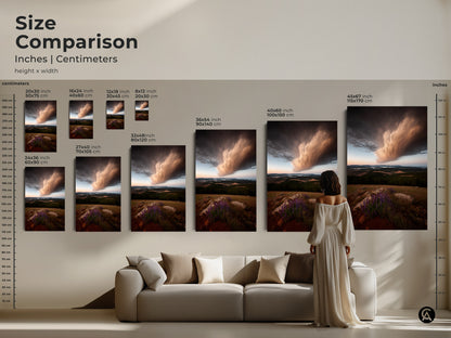 Size comparison of storm cloud canvas art. See how the wildflower landscape looks in various dimensions. This blue brown nature artwork will be the center piece of your modern farmhouse.