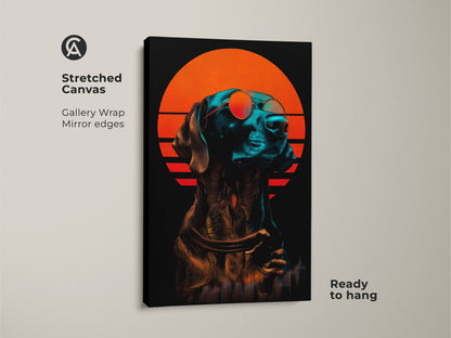 Stretched Canvas of synthwave dog wall art. Ready to hang with gallery wrapped mirror edges. Cool dog in sunglasses artwork shows an orange sunset cityscape. Eclectic dog lover gift or retro home decor.
