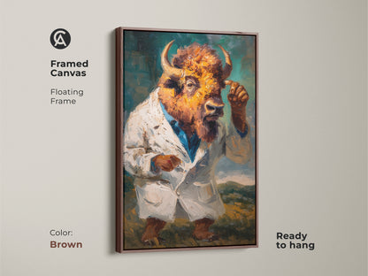 Framed canvas with a brown floating frame showcasing a buffalo head figure in a lab coat. This artwork is ready to hang. It brings a touch of artistry to your space. This canvas is great for art lovers.