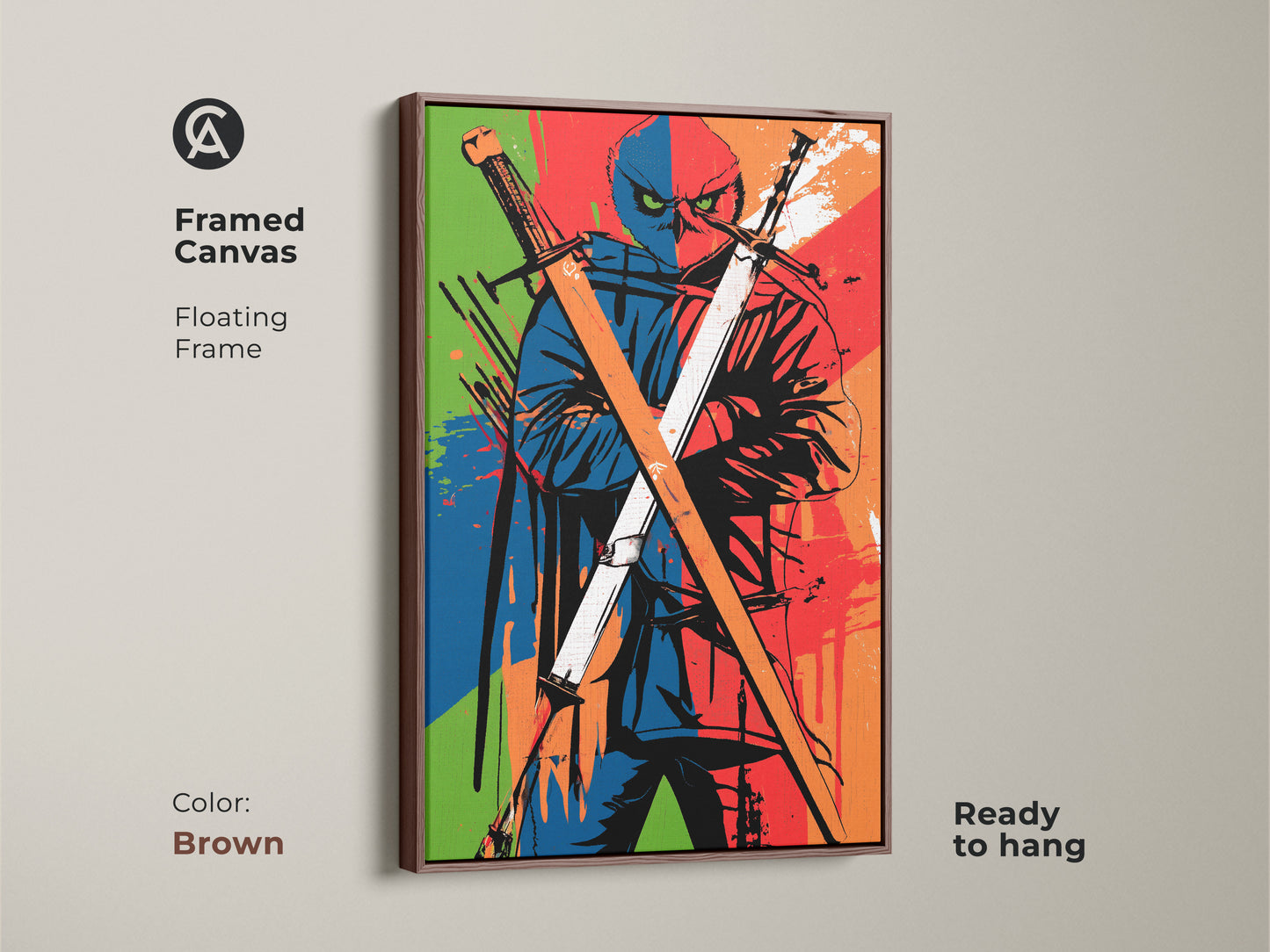 Brown Framed Canvas featuring a Ninja Owl. Ready to hang. This fantasy samurai art print adds a cool artistic focal point for your room decor. It is a unique gift for any fan.