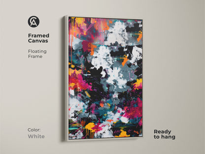 Framed canvas print of abstract art with a clean white floating frame. This artwork is ready to hang and complements any interior. The painting features a dynamic mix of colors and textures. A great choice for modern art lovers.