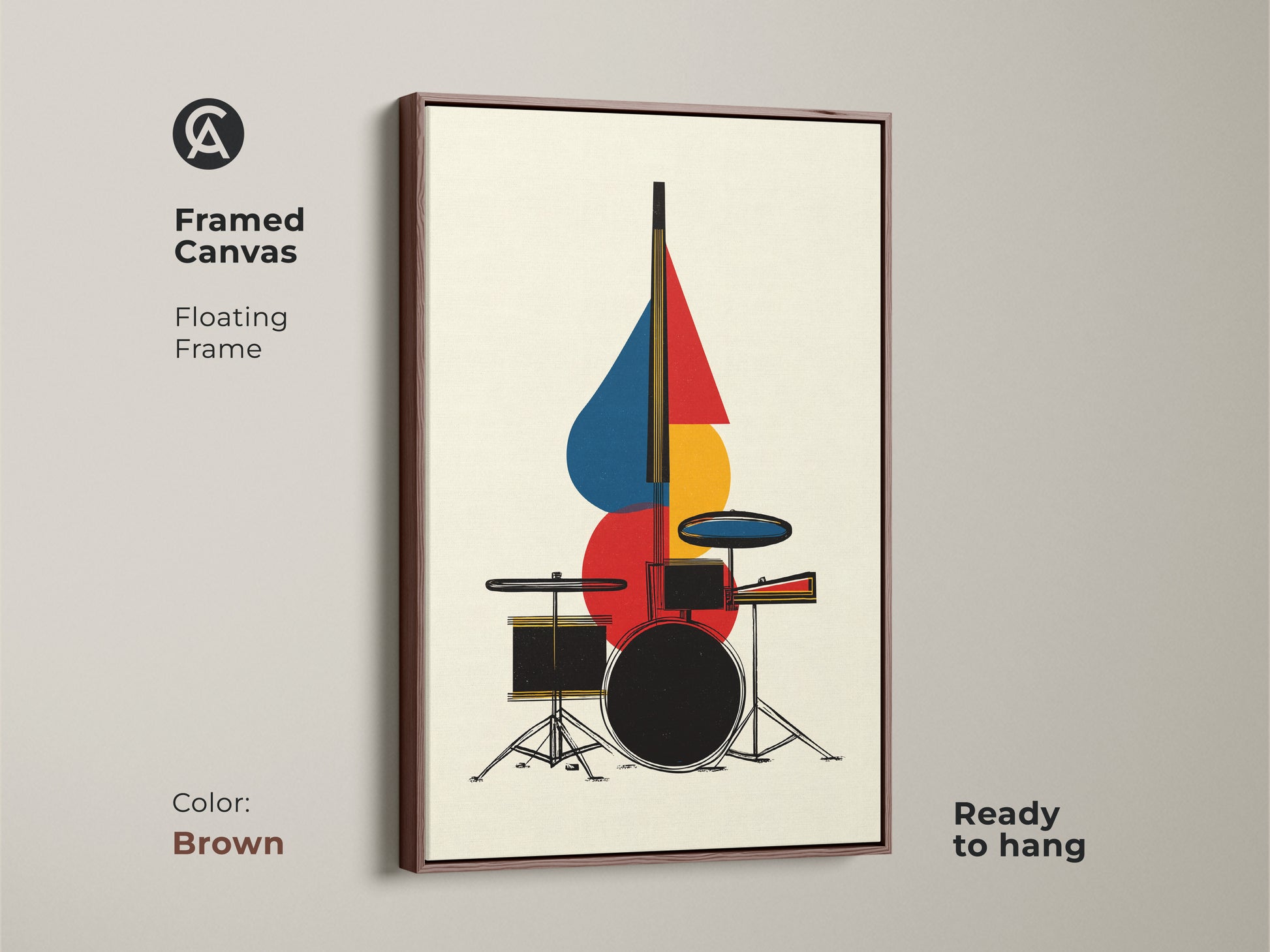 The framed canvas artwork displays an abstract drum set with a brown floating frame. The geometric mid century modern art adds a unique touch. This music-themed decor is ready to hang. Its red blue and yellow elements create a vibrant and artistic statement.