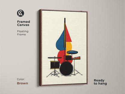 The framed canvas artwork displays an abstract drum set with a brown floating frame. The geometric mid century modern art adds a unique touch. This music-themed decor is ready to hang. Its red blue and yellow elements create a vibrant and artistic statement.