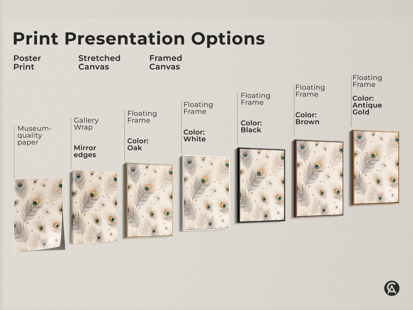 Print presentation options: poster print stretched canvas and framed canvas. Each piece features the peacock feather art. Floating frames in oak white black brown antique gold.