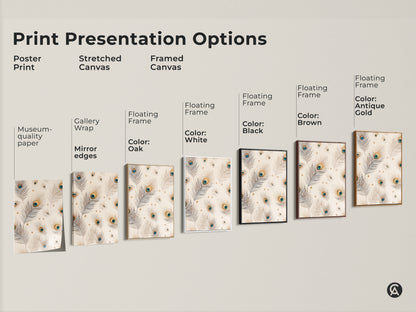 Print presentation options: poster print stretched canvas and framed canvas. Each piece features the peacock feather art. Floating frames in oak white black brown antique gold.