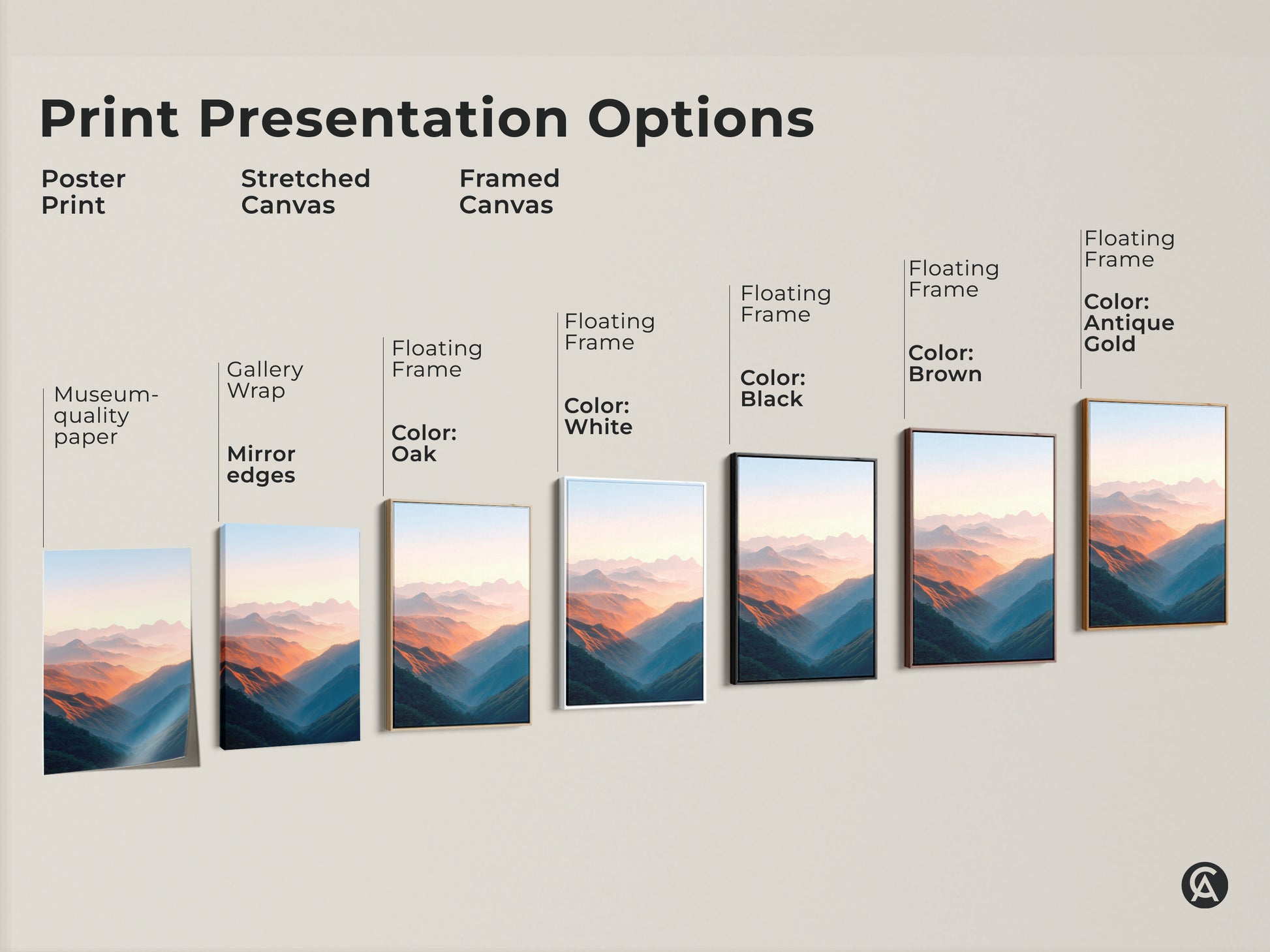 Explore options for presenting your scenic mountain valley art print. Choose from poster prints stretched canvas or framed canvas art. Pick black brown antique gold or white floating frames. Find the perfect style for your contemporary home decor. Enjoy museum quality art.