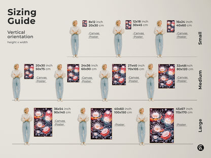 Sizing guide for abstract jellyfish art. See vertical orientations for canvas and poster prints. Visualize small medium and large sizes to fit your space. Perfect surreal underwater artwork for any room. Find the ideal eclectic wall decor. Explore coral orange and teal art for your home or office.