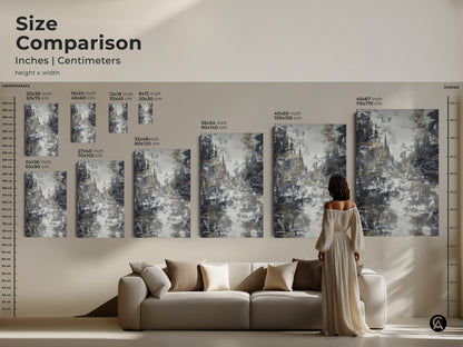 Compare sizes of abstract cityscape art. See how the charcoal gold wall art fits above a sofa. This textured abstract print enhances any room. Perfect for contemporary office decor. Gothic architecture art adds a refined touch. This is ideal for art for architects gift.