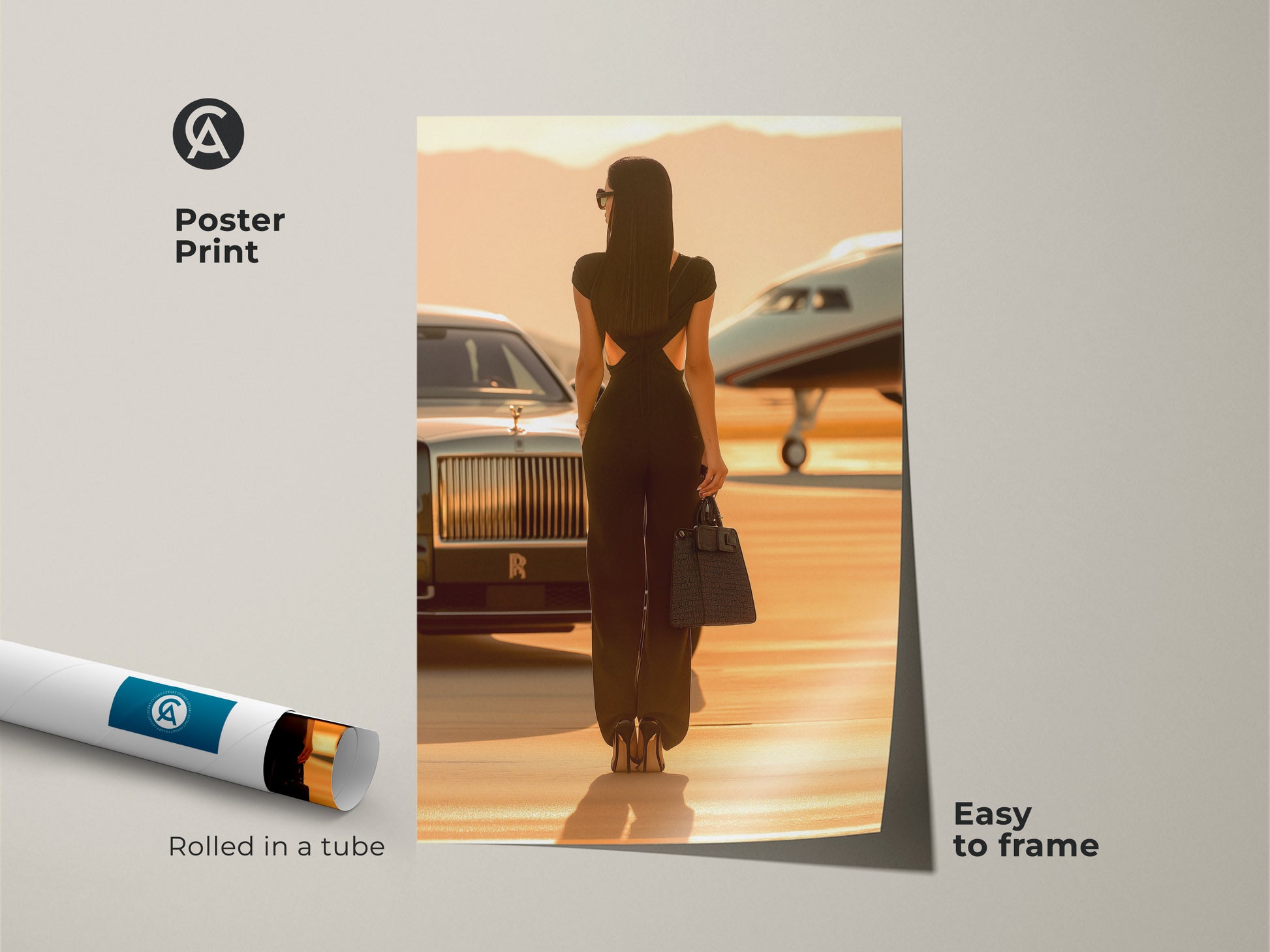Poster print of a woman with a private jet and luxury car. Rolled in a tube for easy framing. This contemporary sepia art print adds chic travel poster to any space. Ideal for travel lovers and modern home galleries.