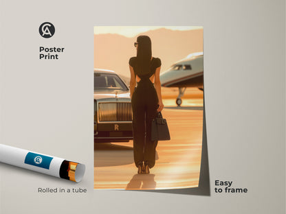 Poster print of a woman with a private jet and luxury car. Rolled in a tube for easy framing. This contemporary sepia art print adds chic travel poster to any space. Ideal for travel lovers and modern home galleries.