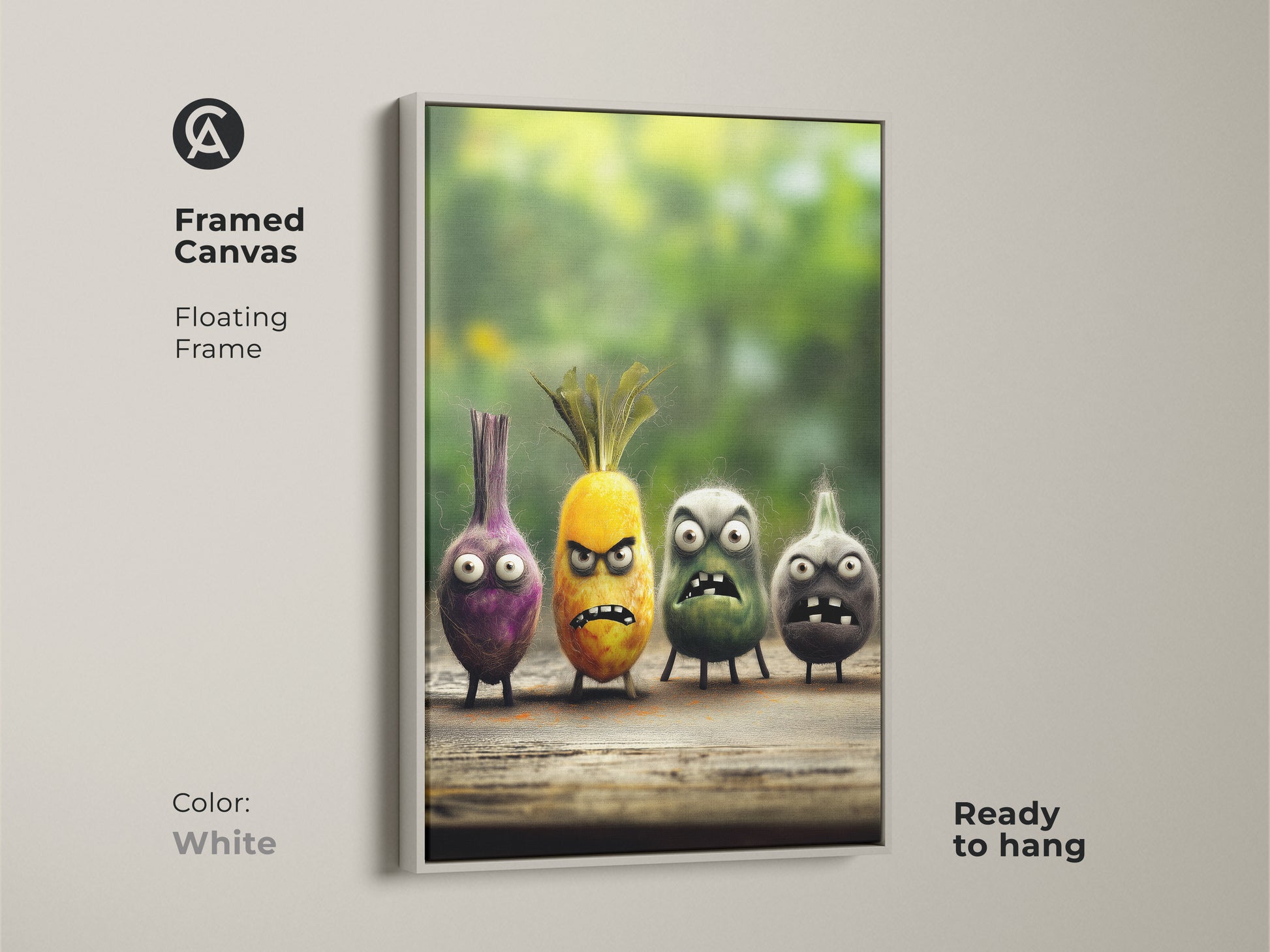 White framed canvas with quirky food characters. It is funny onion and pineapple art to enhance any space. This cartoon kitchen art makes a wonderful gift for foodies. A clean contemporary framed piece.