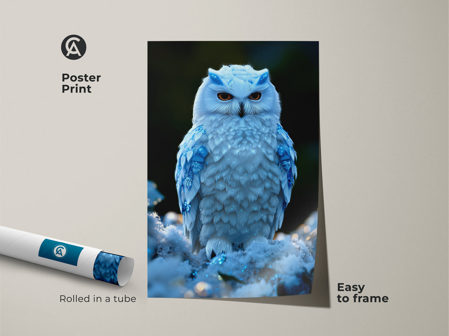 This poster print displays a beautiful blue sparkling owl in a snowy landscape. The fantasy animal artwork comes rolled in a tube. It's easy to frame. Perfect wildlife art for bedroom decor and animal lover gifts.