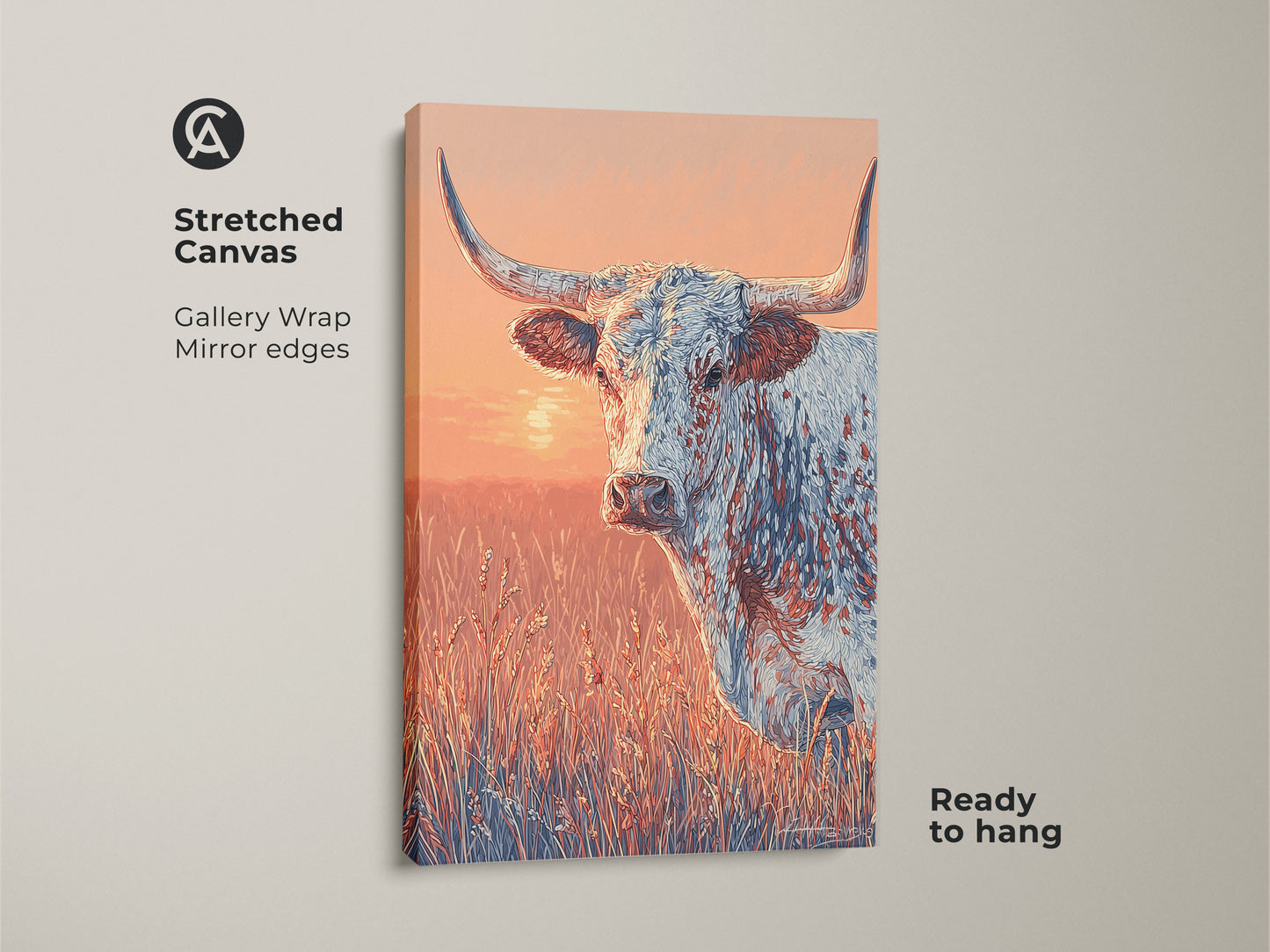 A stretched canvas print is shown. The artwork features a longhorn in a field. The gallery wrap has mirrored edges. This canvas is ready to hang. It is a great piece for western art collectors.