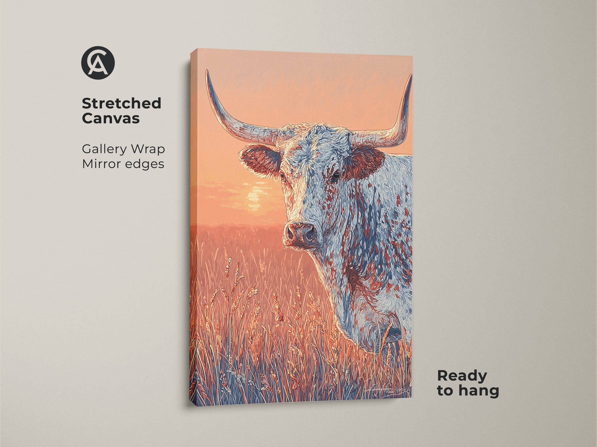 A stretched canvas print is shown. The artwork features a longhorn in a field. The gallery wrap has mirrored edges. This canvas is ready to hang. It is a great piece for western art collectors.