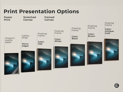 Explore print presentation options for deep blue moonlit forest artwork. Choose from poster prints stretched canvas and framed canvas. Options include museum-quality paper gallery wrap and floating frames. Customize with oak white black brown or antique gold frames for your nature artwork.