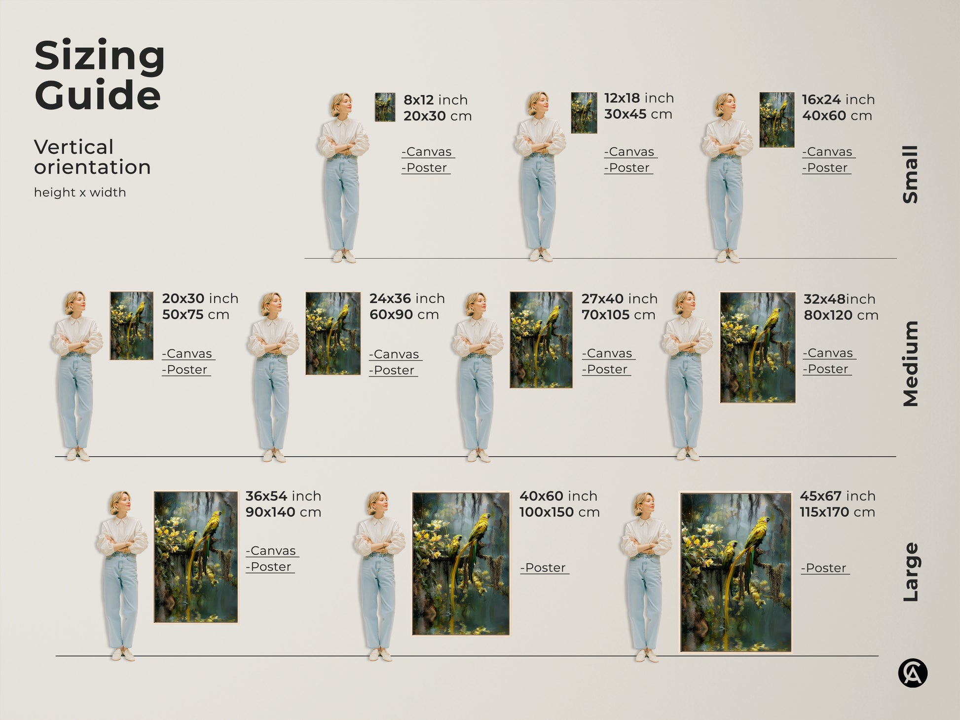 Sizing guide for vertical yellow parrot artwork. Visualize different sizes from small to large with canvas and poster options. Ranging from 8x12 inches to 45x67 inches. Perfect for any space this tropical nature photography brings exotic bird wildlife into your home.