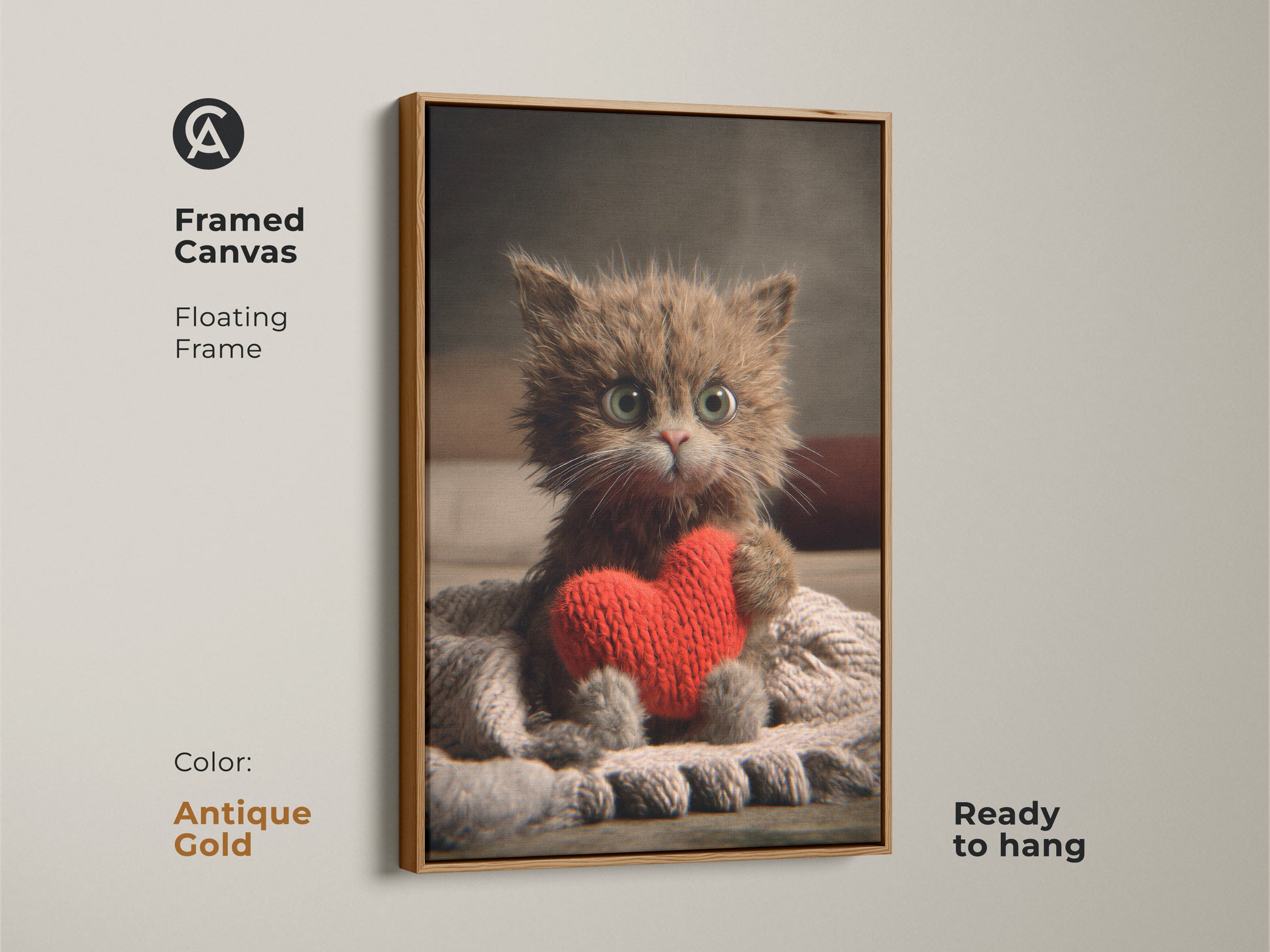 Framed canvas with a cute kitten holding a red heart. The antique gold floating frame adds a touch of class. Ready to hang and perfect for an animal lover's home. This whimsical kitten artwork brings charm to any room.