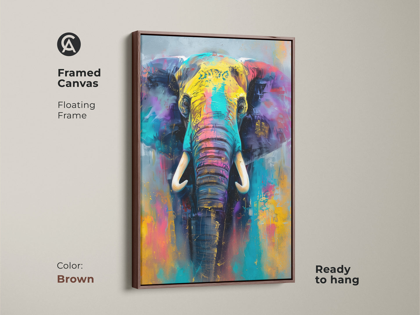Framed canvas showcasing a colorful elephant artwork in a floating frame. The brown frame complements the vibrant hues of the painting. Elevate your decor with this captivating and ready-to-hang art piece.