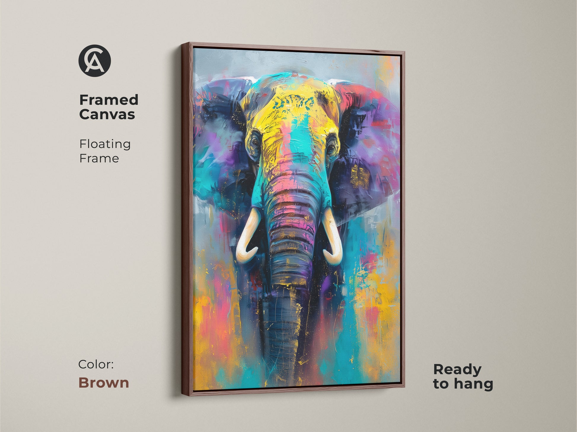 Framed canvas showcasing a colorful elephant artwork in a floating frame. The brown frame complements the vibrant hues of the painting. Elevate your decor with this captivating and ready-to-hang art piece.