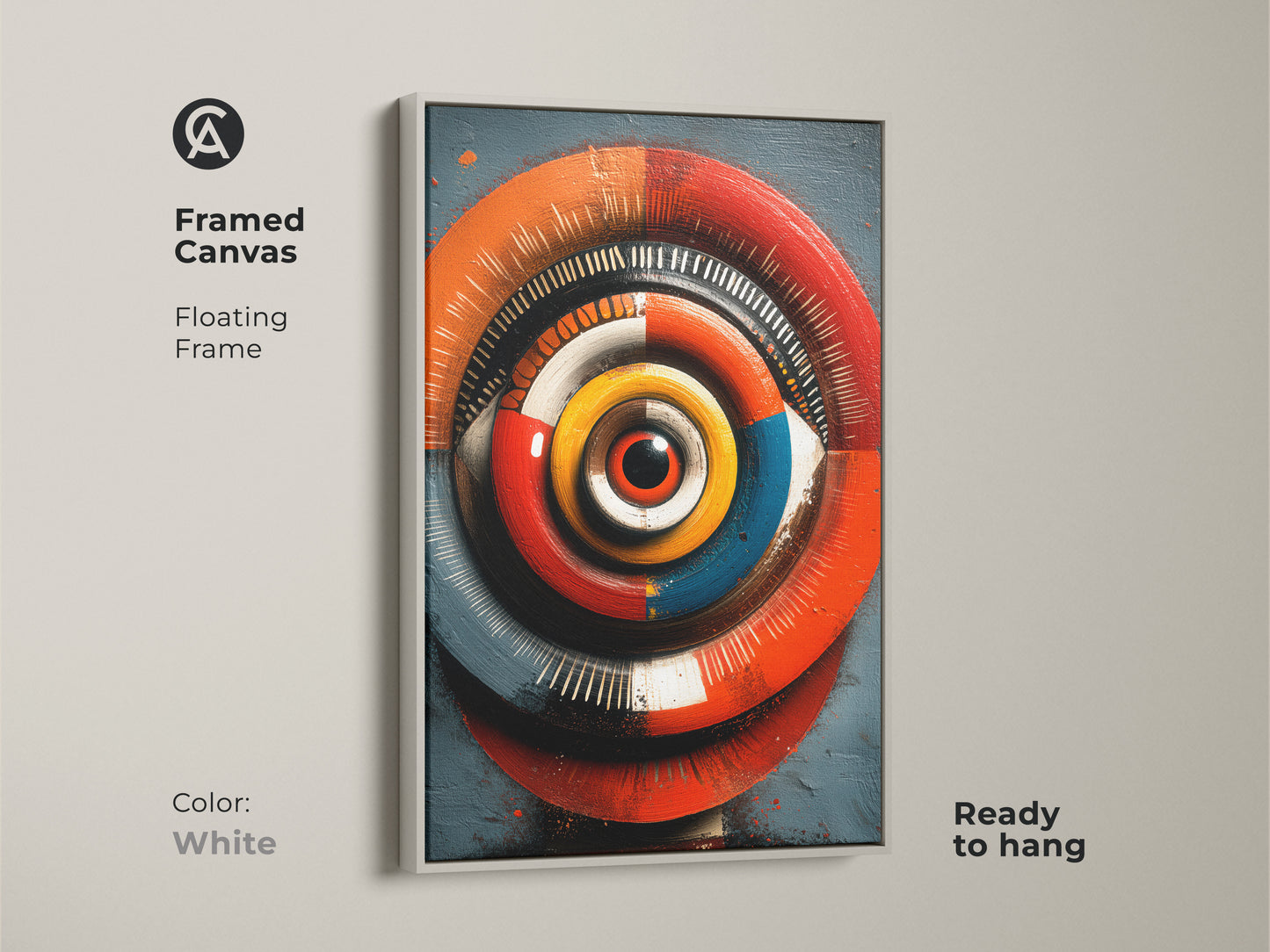Print presentation options for abstract eye canvas artwork. Displaying poster prints stretched canvas and framed canvas options with various frame colors. Showcasing museum-quality paper gallery wrap and floating frames. Each red orange and blue artwork offers a psychedelic optical illusion. Perfect for any art enthusiast looking for vibrant home decor.