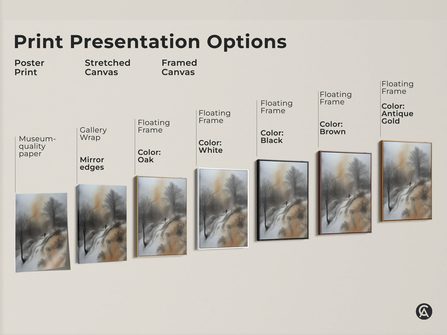 Explore print presentation options for a sepia winter landscape. Choose from poster stretched or framed canvas. Each features a solitary figure and bare trees for a modern look.