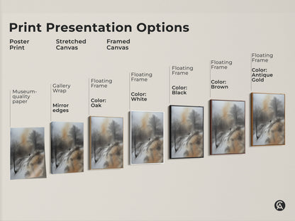 Explore print presentation options for a sepia winter landscape. Choose from poster stretched or framed canvas. Each features a solitary figure and bare trees for a modern look.