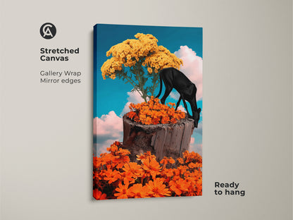 A stretched canvas print showcases a surreal black panther art. A fantasy nature collage displays eclectic floral wall decor. Orange flowers and a yellow tree create a dreamy fantasy print. Ready to hang this vivid color wall art brightens any bohemian wall.