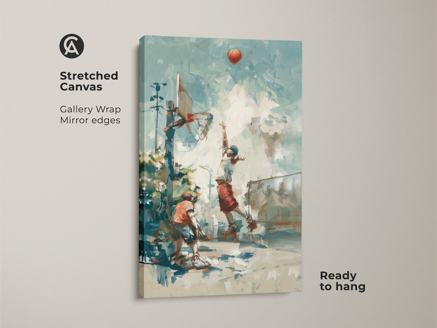 Elevate your space with this vibrant basketball art print on stretched canvas. Featuring gallery wrapped edges for a modern look. The artwork is ready to hang and showcases an intense basketball scene. It's a unique piece for sports lovers. Add an athletic vibe to your decor