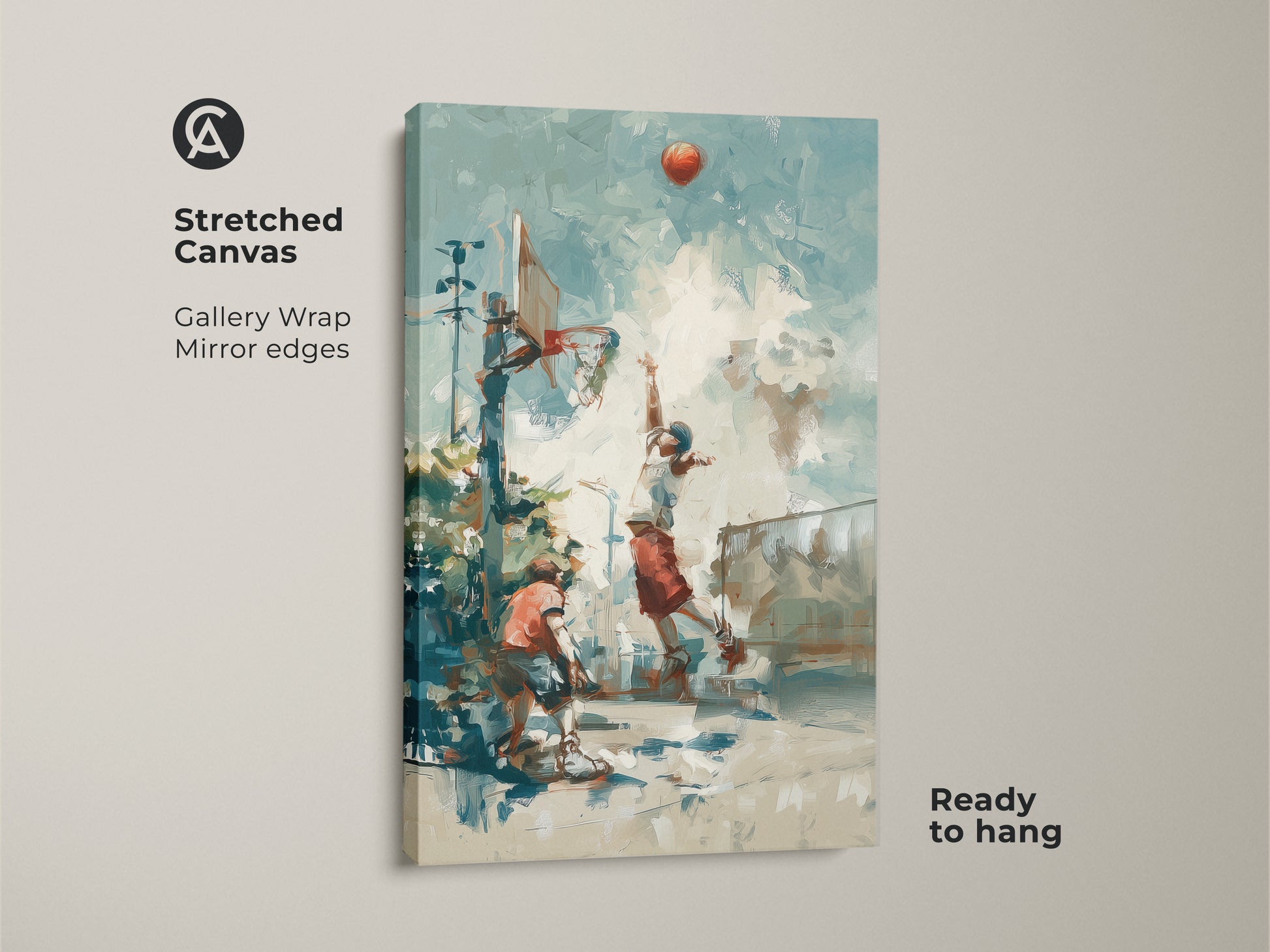 Elevate your space with this vibrant basketball art print on stretched canvas. Featuring gallery wrapped edges for a modern look. The artwork is ready to hang and showcases an intense basketball scene. It's a unique piece for sports lovers. Add an athletic vibe to your decor