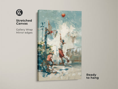 Elevate your space with this vibrant basketball art print on stretched canvas. Featuring gallery wrapped edges for a modern look. The artwork is ready to hang and showcases an intense basketball scene. It's a unique piece for sports lovers. Add an athletic vibe to your decor