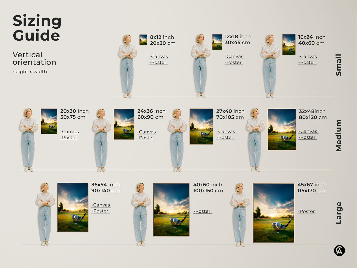 Sizing guide for vertical golf course artwork. Find the perfect fit for your space. Options include canvas and poster prints. Visualize the artwork in small medium and large sizes. Transform your space with golf course art today. Purchase your art now.