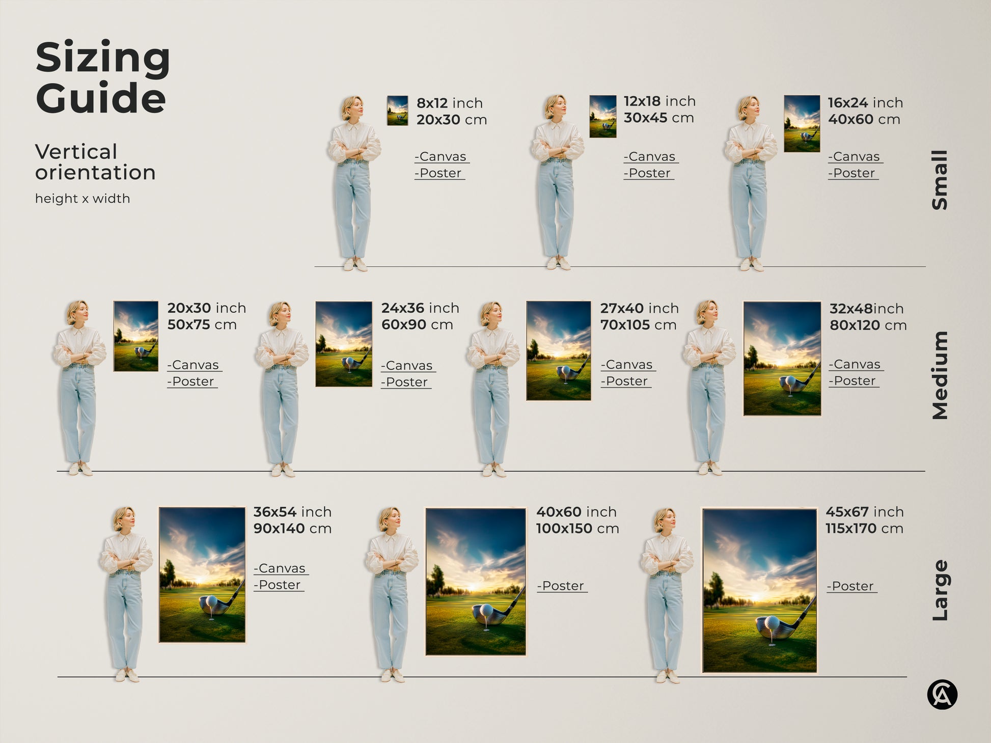 Sizing guide for vertical golf course artwork. Find the perfect fit for your space. Options include canvas and poster prints. Visualize the artwork in small medium and large sizes. Transform your space with golf course art today. Purchase your art now.