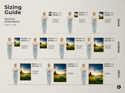 Sizing guide for vertical golf course artwork. Find the perfect fit for your space. Options include canvas and poster prints. Visualize the artwork in small medium and large sizes. Transform your space with golf course art today. Purchase your art now.