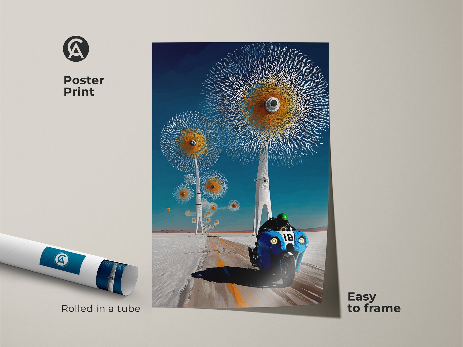 A poster print displays a surreal motorcycle with abstract dandelion canvas.  This easy to frame contemporary art print features a blue racing motorcycle. Rolled in a tube it makes a unique office decor or F1 fan gift idea.