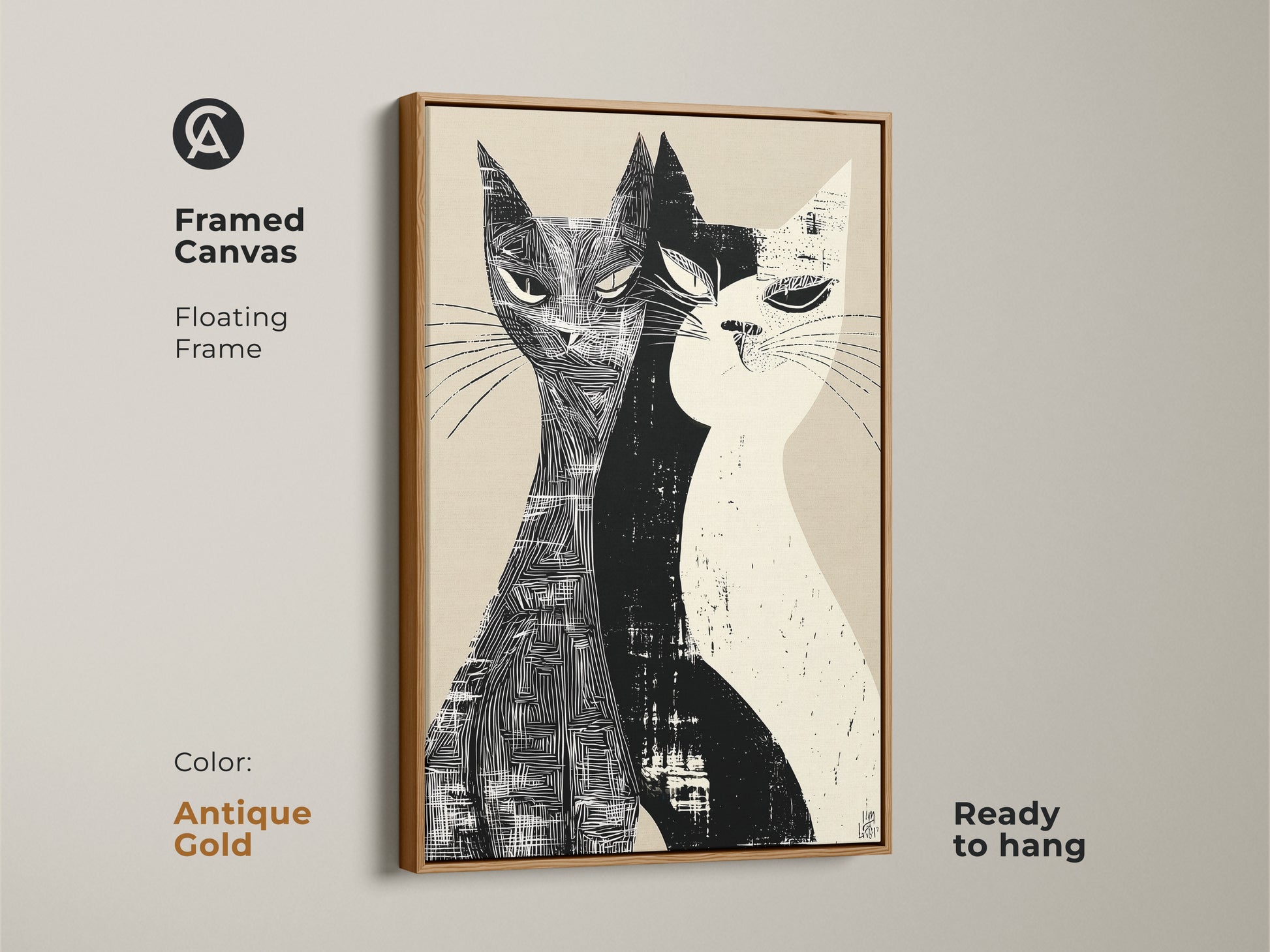 Framed canvas of a Mid-Century Modern cat art with a floating frame in antique gold. This graphic cat artwork features two cats in a black and white linocut style. It's a ready-to-hang stylish home art for living rooms or bedrooms.
