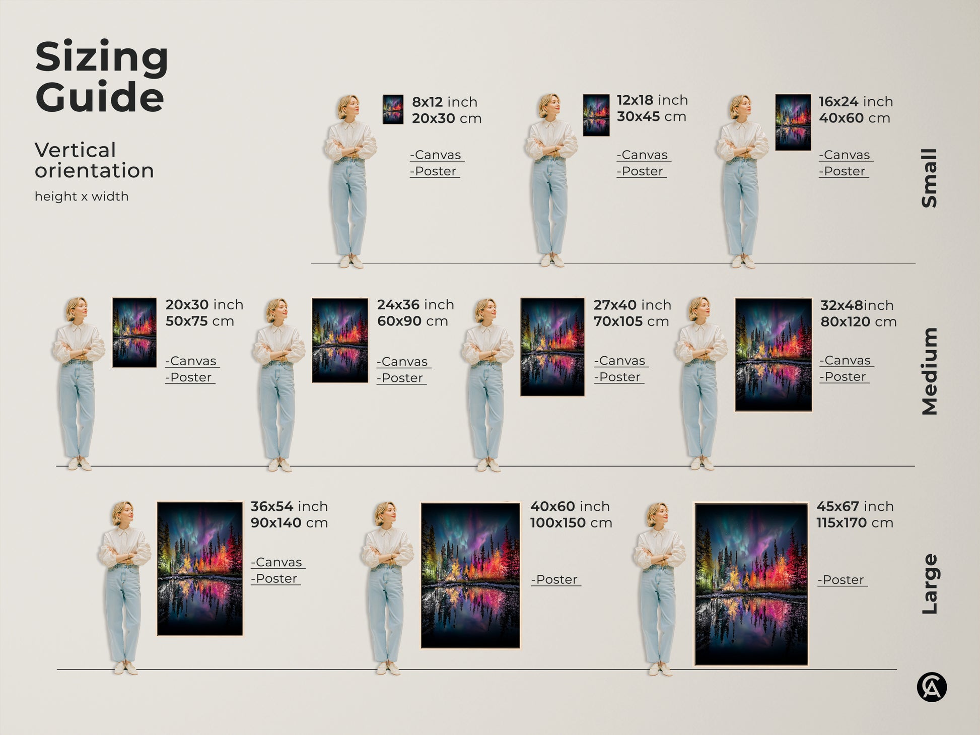 Find the perfect size with this Aurora Borealis canvas art sizing guide. Visualize how the teal green and purple landscape decor fits in your space. Available in small medium and large sizes for canvas and poster prints. Choose the ideal northern lights forest print to enhance your home decor today.