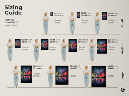 Find the perfect size with this Aurora Borealis canvas art sizing guide. Visualize how the teal green and purple landscape decor fits in your space. Available in small medium and large sizes for canvas and poster prints. Choose the ideal northern lights forest print to enhance your home decor today.