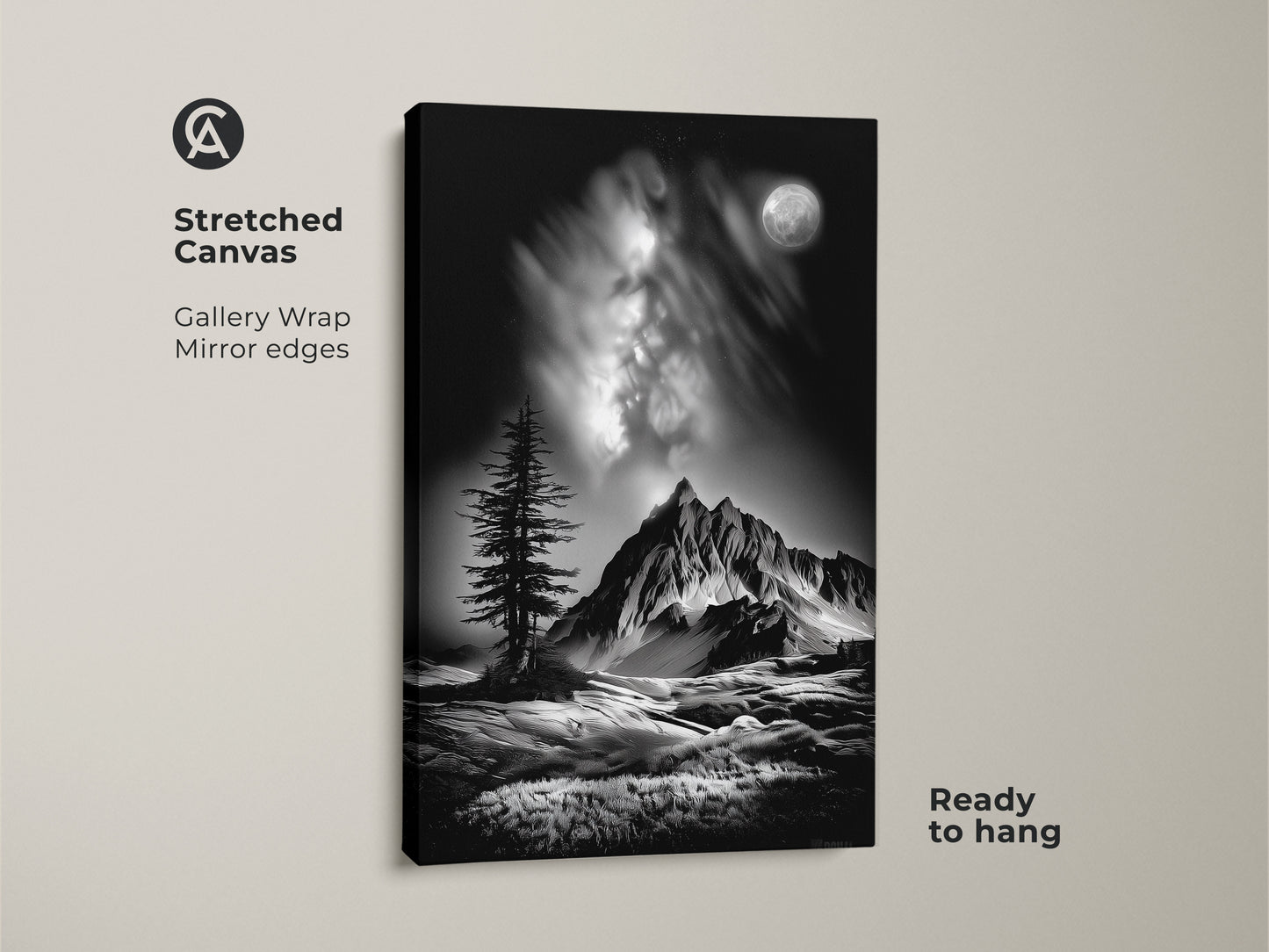 This is a monochrome mountain canvas print. It shows a black and white landscape with a moonlit pine tree. The contemporary nature artwork has gallery wrap mirror edges and is ready to hang.