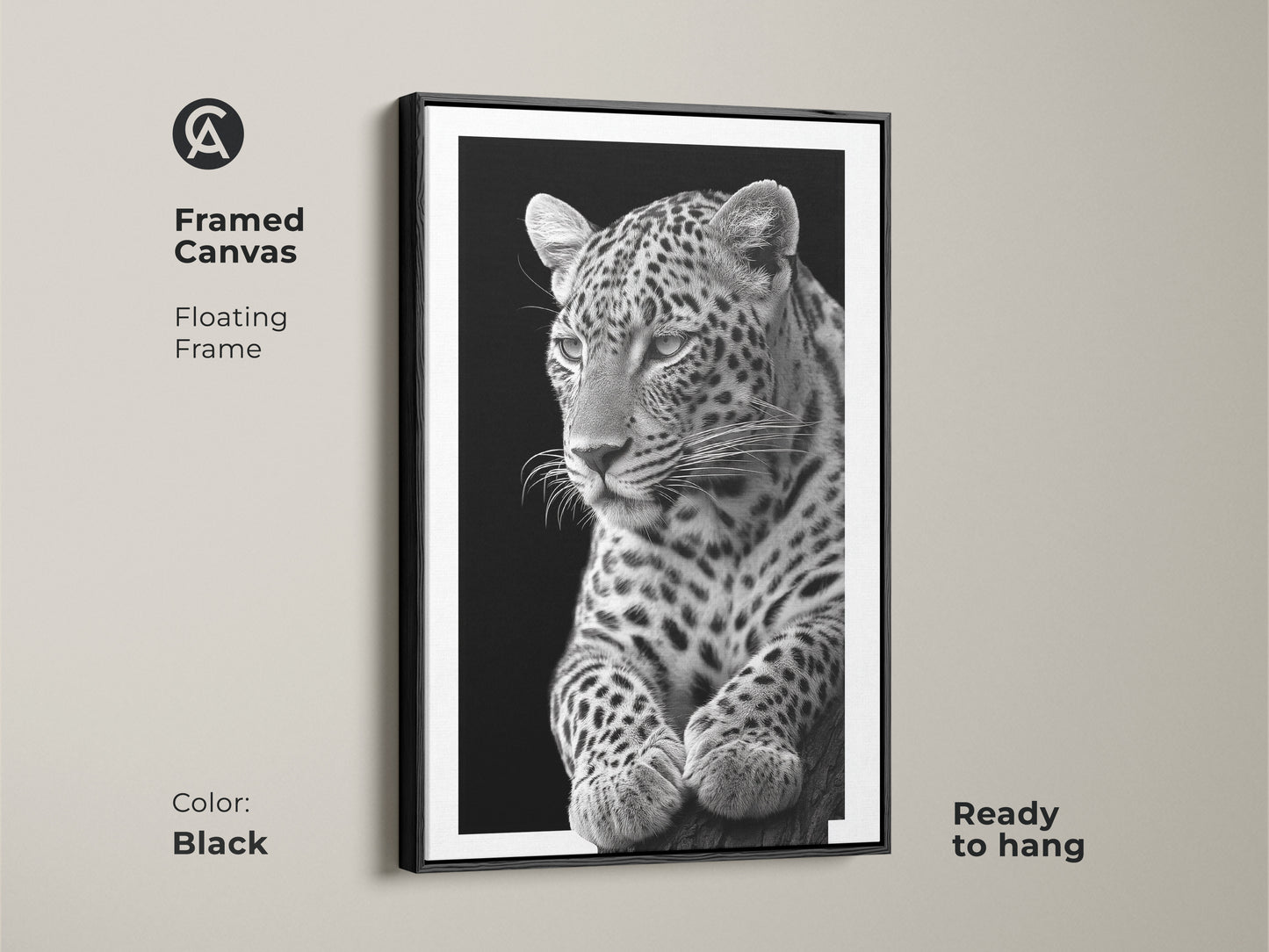 Black framed canvas featuring a monochrome leopard. The floating frame enhances the photorealistic wildlife art. Elevate your space with this animal lover gift. Shop now for modern animal artwork!